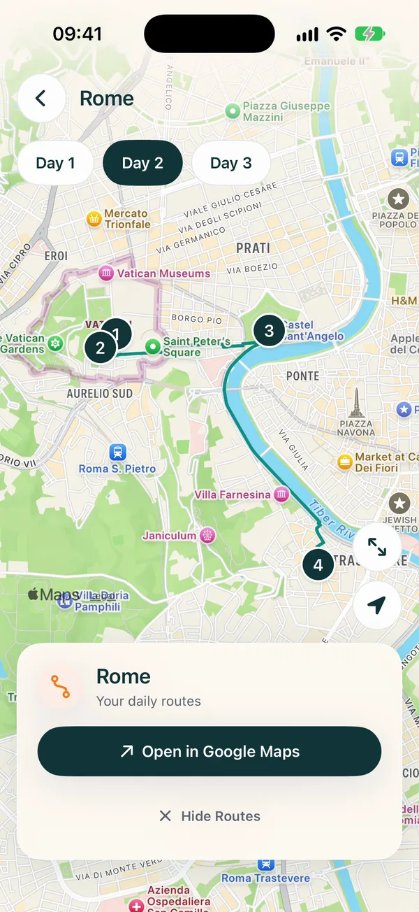 TravelTrail day route on the map