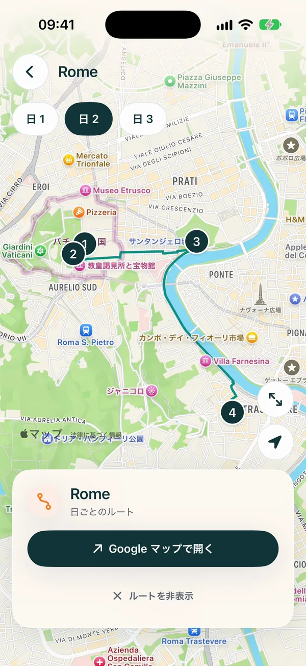 TravelTrail day route on the map