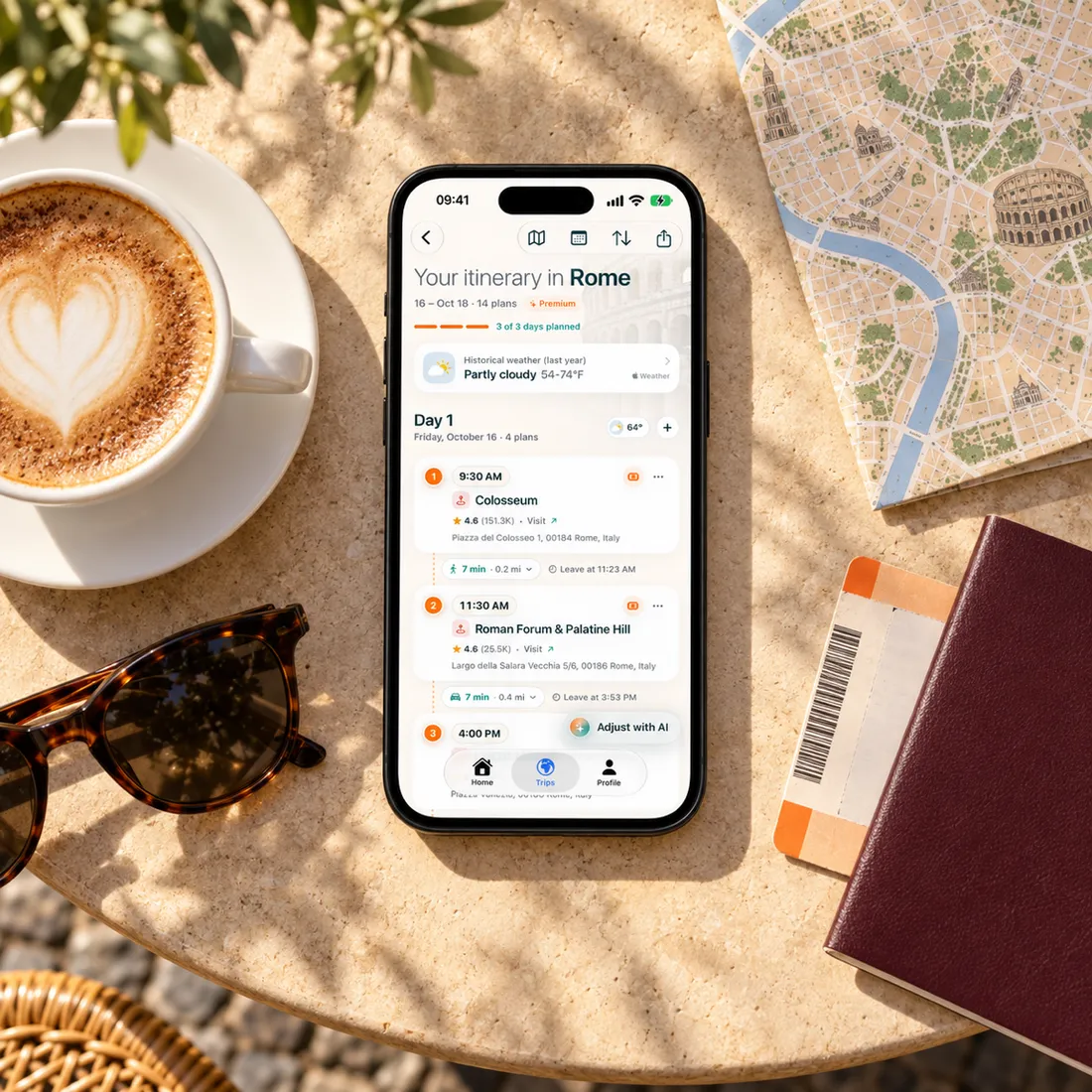 Itinerario de Roma en TravelTrail en un iPhone sobre la mesa de un café