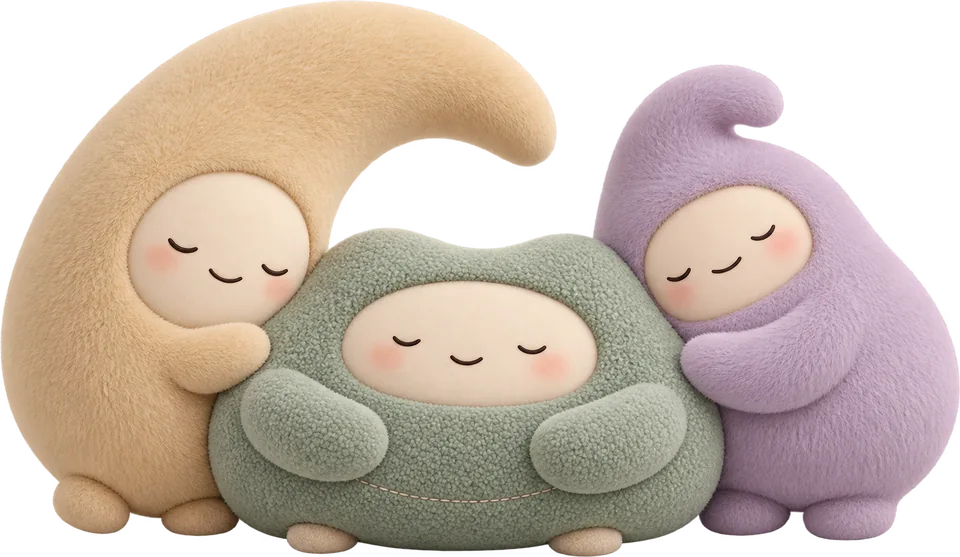 Numi, Mimo and Luma, Velita's three plush companions, napping together