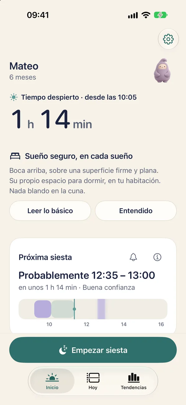 Inicio de Velita: próxima siesta probable de 12:35 a 13:00 con buena confianza y el botón para empezar la siesta