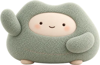 Mimo, a sage-green plush companion, waving
