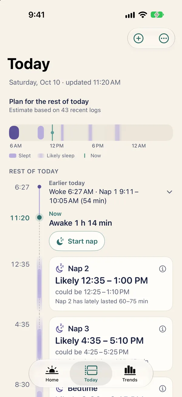 Velita Today: a plan for the rest of the day with likely nap and bedtime ranges
