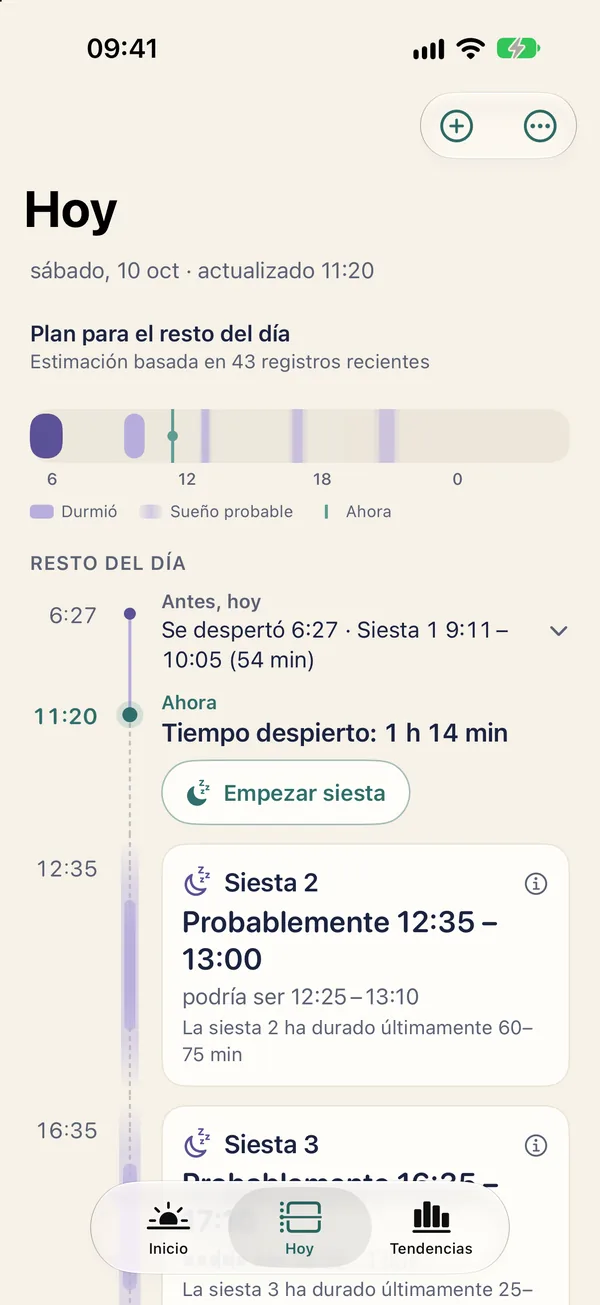 Hoy en Velita: un plan para el resto del día con franjas probables de siesta y de hora de dormir